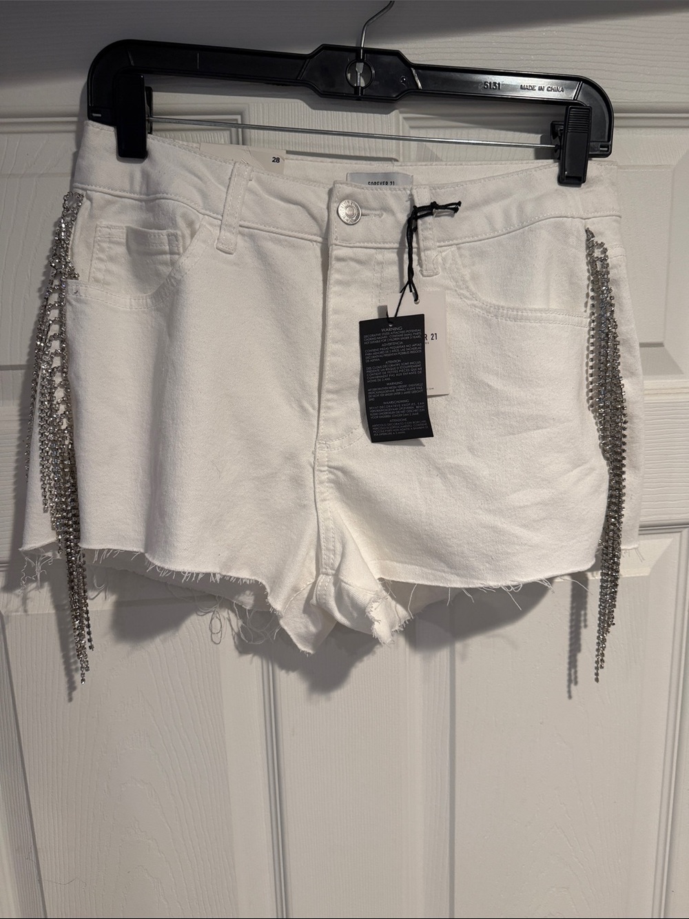 White Denim Shorts with Silver Chain Fringe
